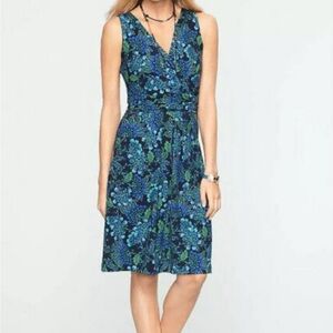 Talbots Dress Womens Blue Green Floral Peacock Feather Ruched V Neck Size 8